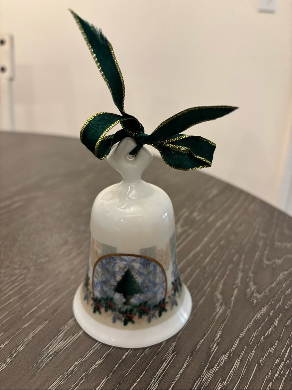 Vintage Susan Zulauf Porcelain Christmas Bell Ornament Tree & Holly Design 1990s